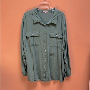 Woman Within Size 2X Green Roll Tab Sleeve Women’s Shirt